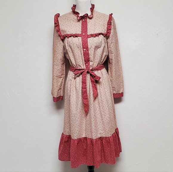 Vintage 60s JCPENNEY Tan Red Floral Calico Print Tie-Waist Boho Peasant Dress S - Picture 4 of 15